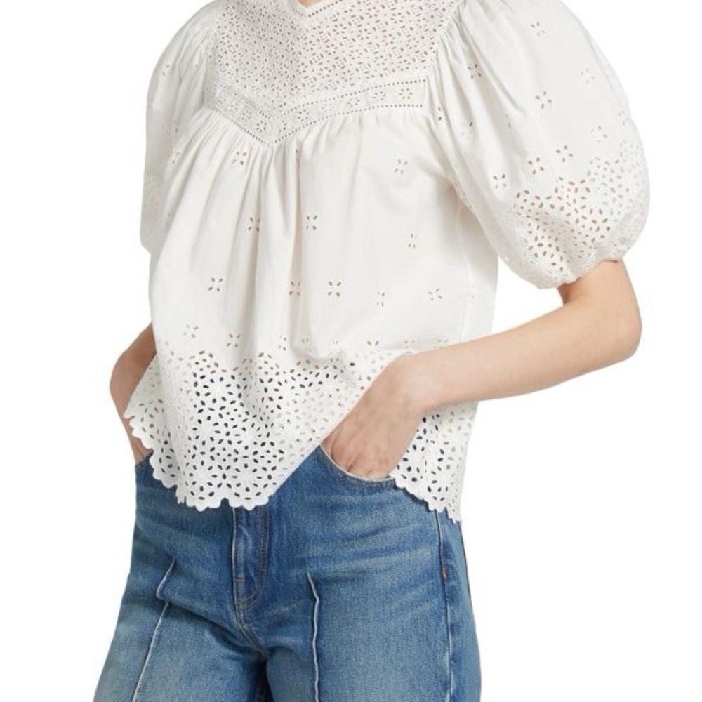 Ulla Johnson White Eyelet Puff-Sleeve Blouse - Picture 3 of 13